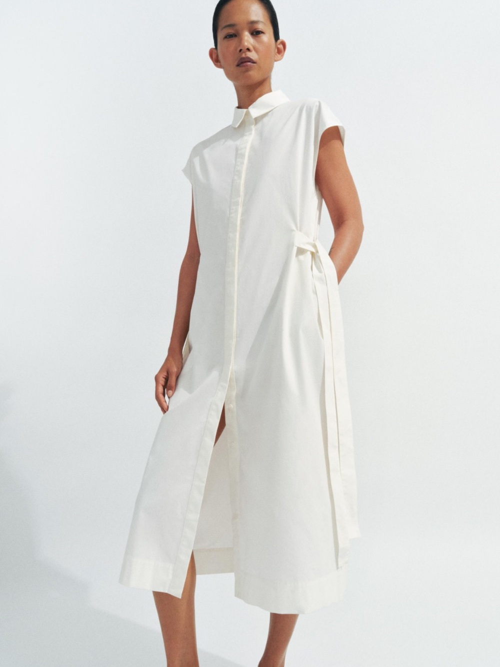 Zara Woman Collection White Belted Midi Shirt Dress NWT XS